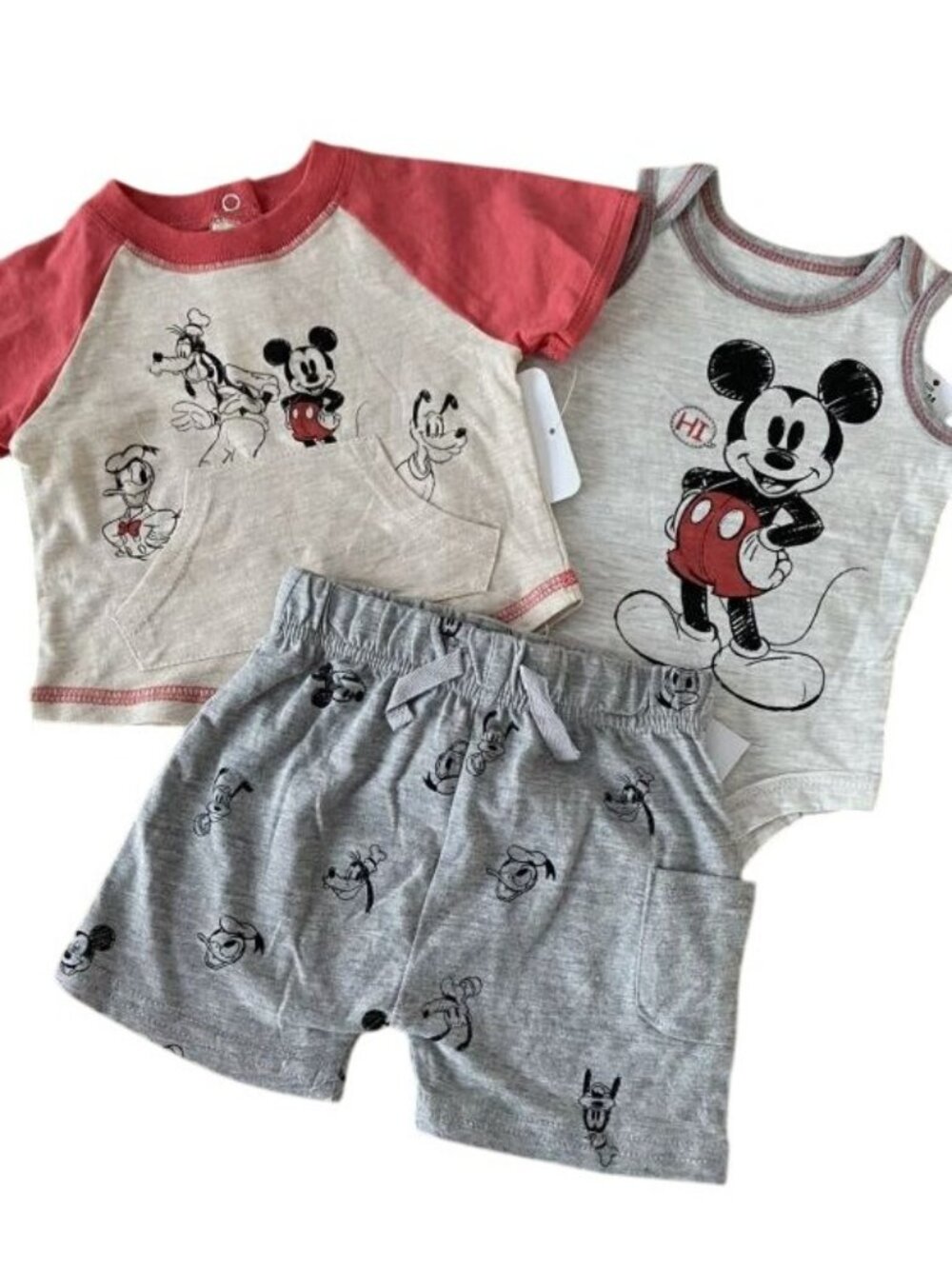 Disney Baby Mickey Mouse & Friends Newborn 3-Piece Set Shirt Bodysuit & Shorts C